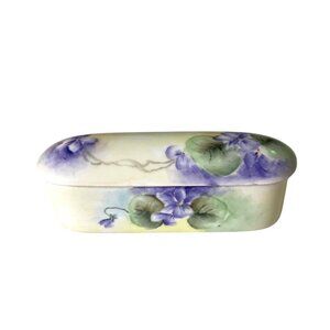 Vtg Elite France Porcelain Hand-Painted Violet Floral Motif Trinket Box with Lid